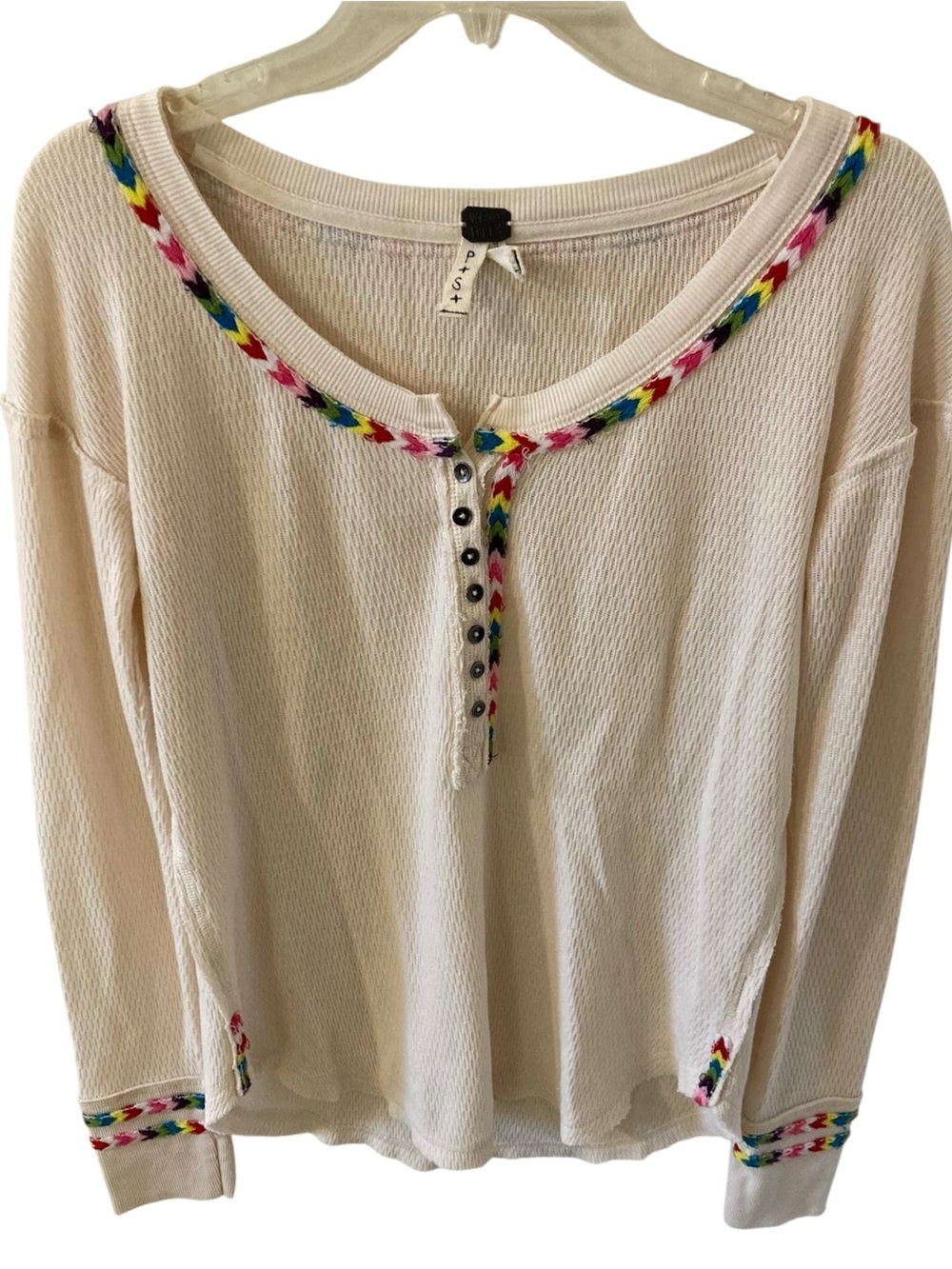 We The Free Cream Rainbow Waffle Knit Embroidered Long Sleeve Top S